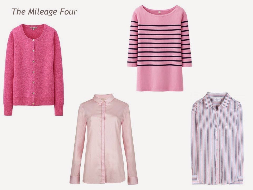 A Mileage Four in pink and rose: cardigan, shirt, tee shirt and striped shirt