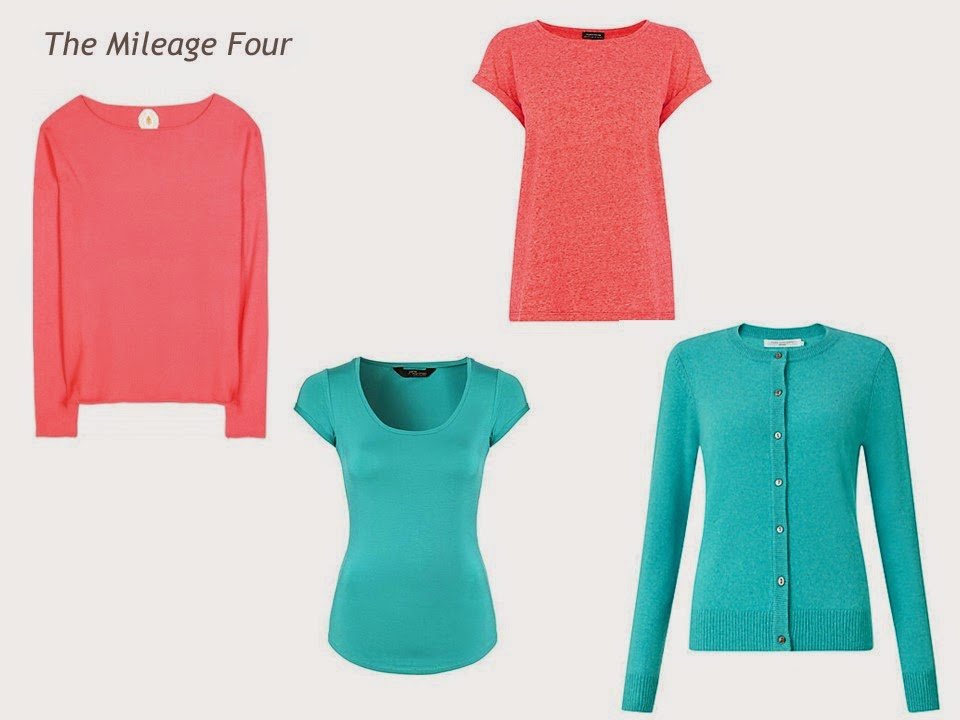 A Mileage Four with a coral sweater, a turquoise tee shirt, a coral tee shirt and a turquoise cardigan