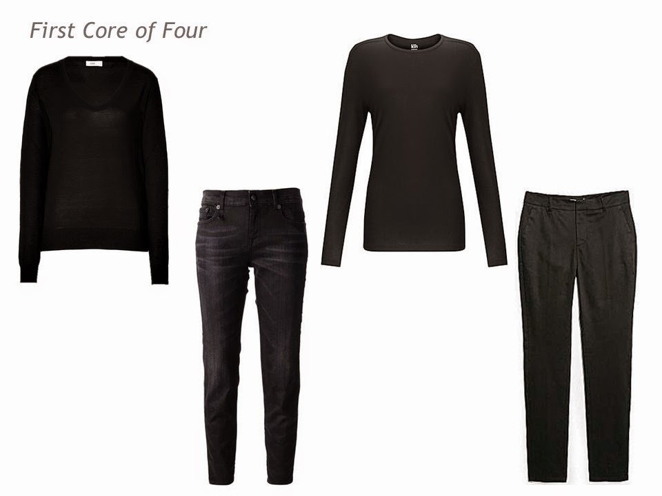A core of 4 in black: v-neck sweater, jeans, tee shirt and trousers