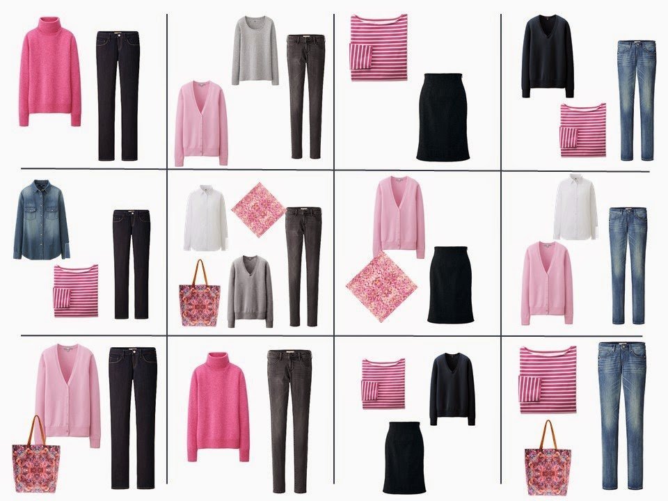 a dozen outfits using a core of navy and grey, with pink accents