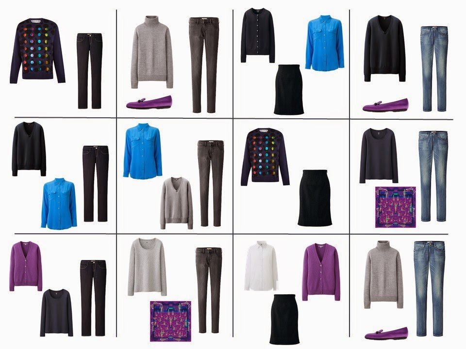 12 outfits from the bright turquoise and bright purple 5-Piece French Wardrobe with the navy and grey Common Wardrobe
