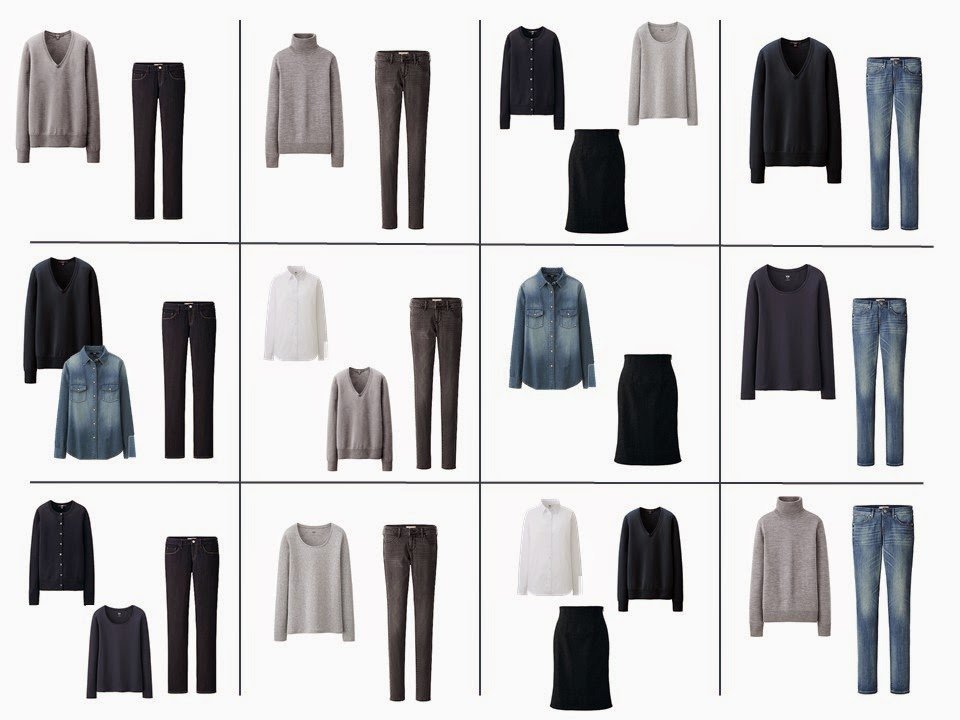 12 possible outfits from the 12-piece Common Wardrobe classic wardrobe core neutral wardrobe