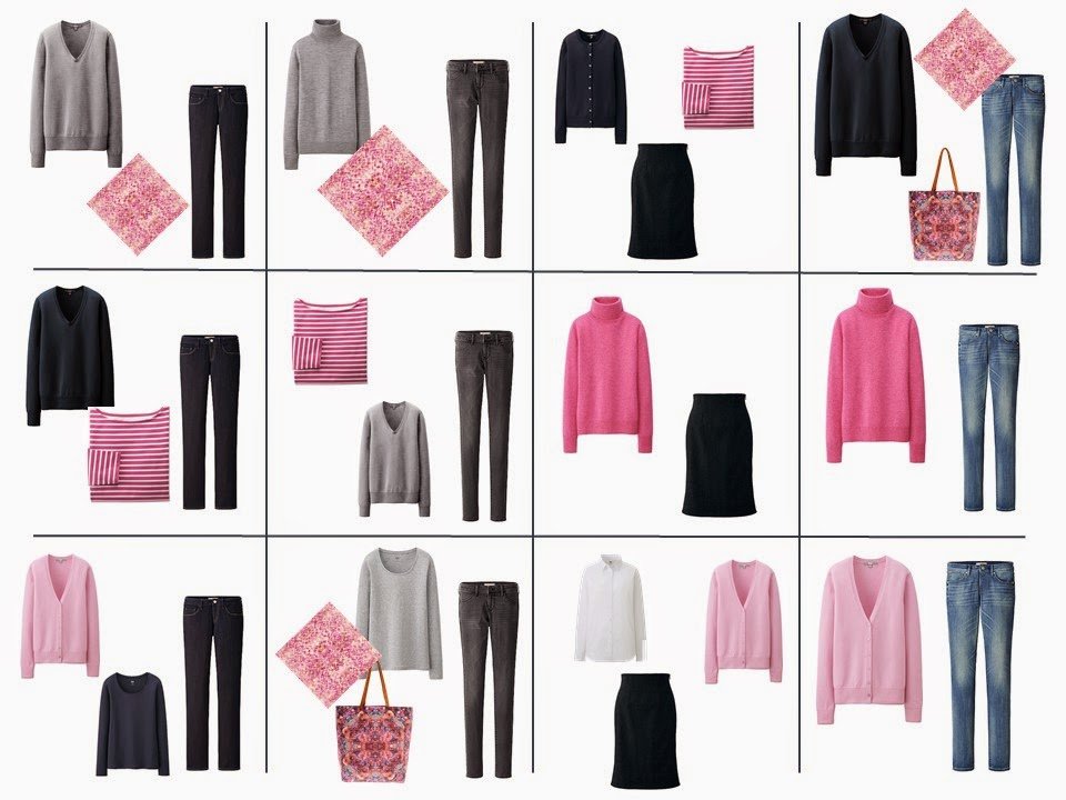 a dozen outfits using a core of navy and grey, with pink accents