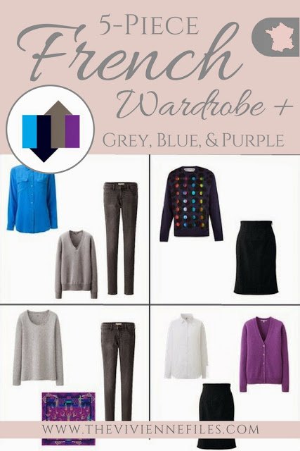 The 5-Piece French Capsule Wardrobe with a navy, grey, electric blue, and bright purple color palette