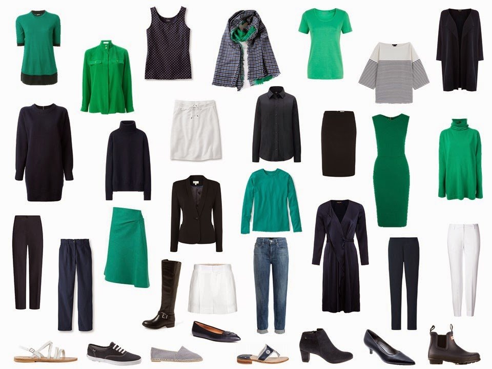 capsule wardrobe in navy and green for the entire year