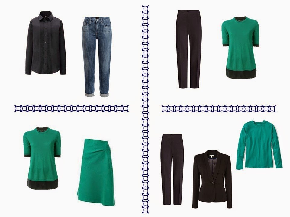 four outfits in navy and green