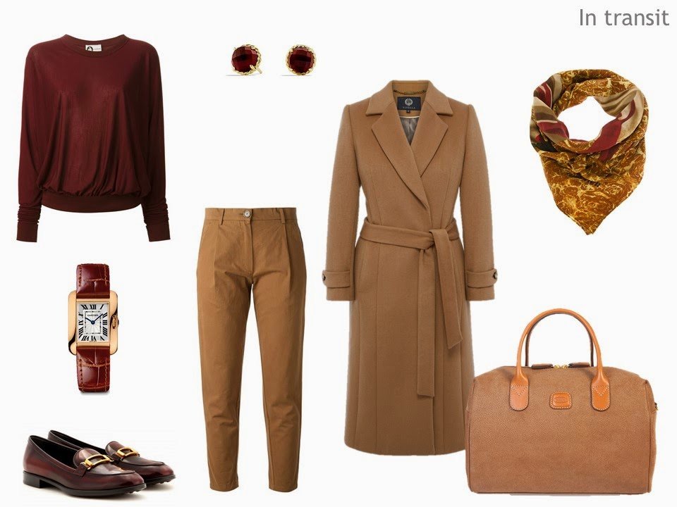 Camel and Burgundy Travel Outfit