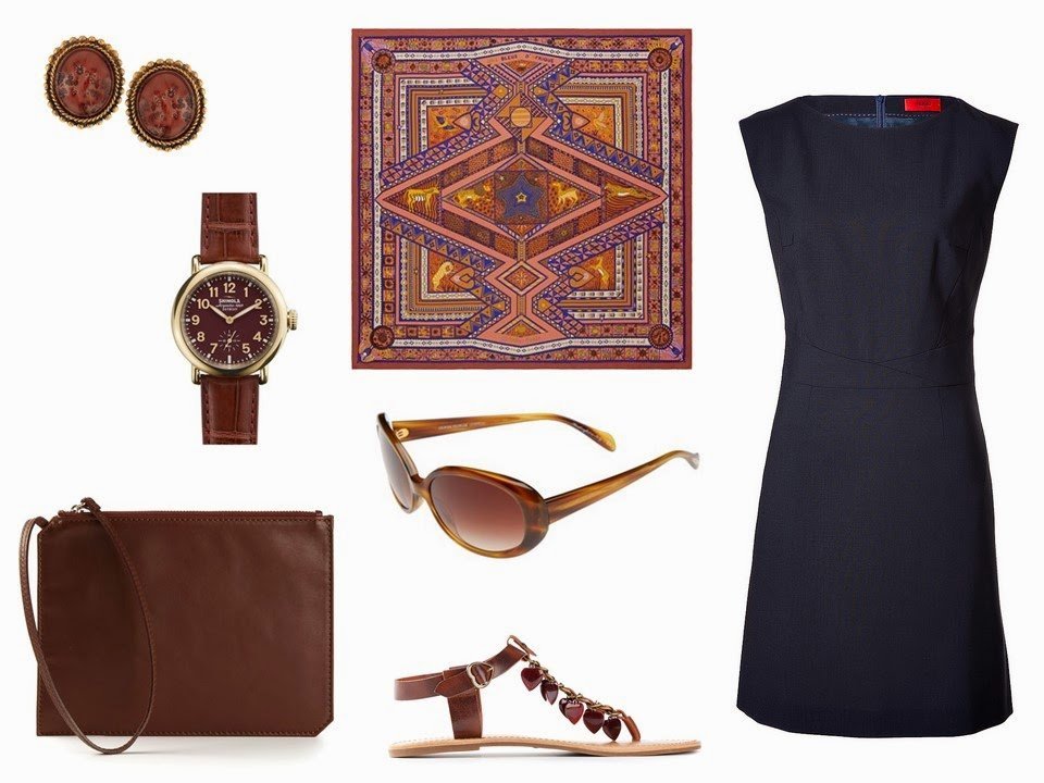 navy dress with brown, copper accessories
