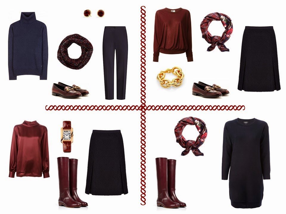 four navy and burgundy outfits from a Four Pack travel capsule wardrobe