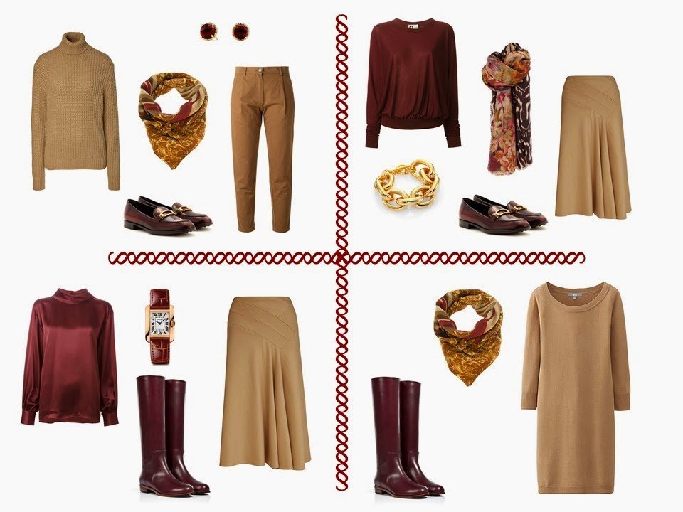 four outfits from a camel and burgundy travel capsule wardrobe