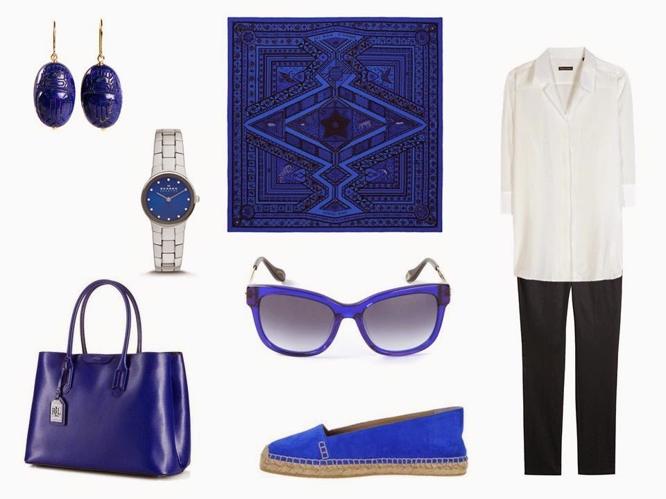 navy and white outfit with bright cobalt blue accessories
