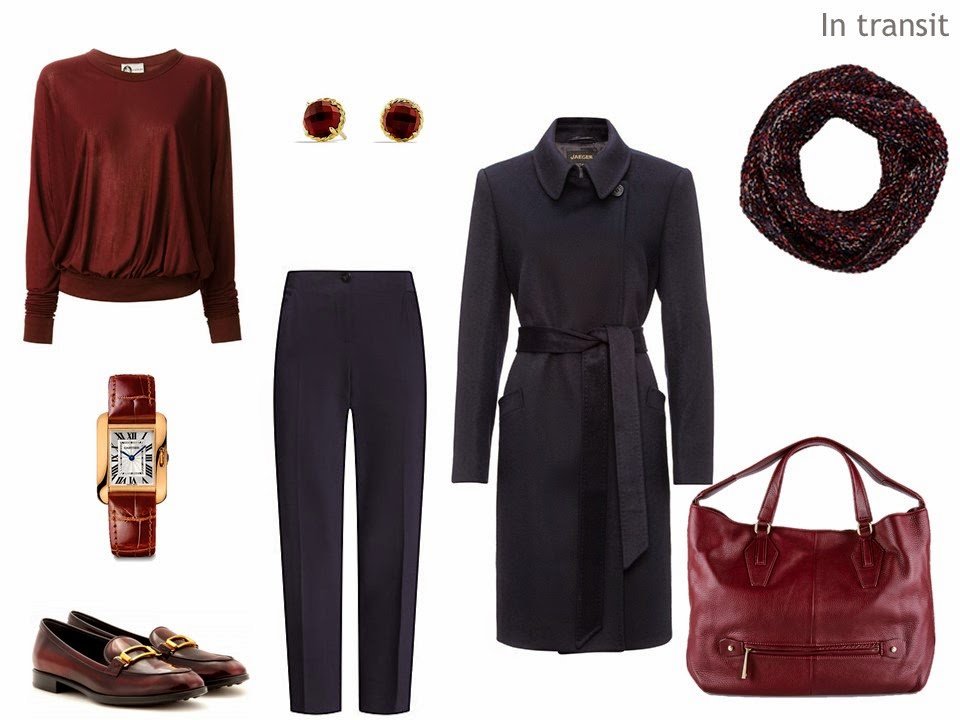 navy and burgundy travel outfit