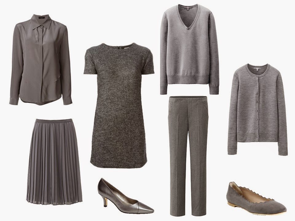 six-piece "Monday Morning" grey wardrobe with two pair of shoes