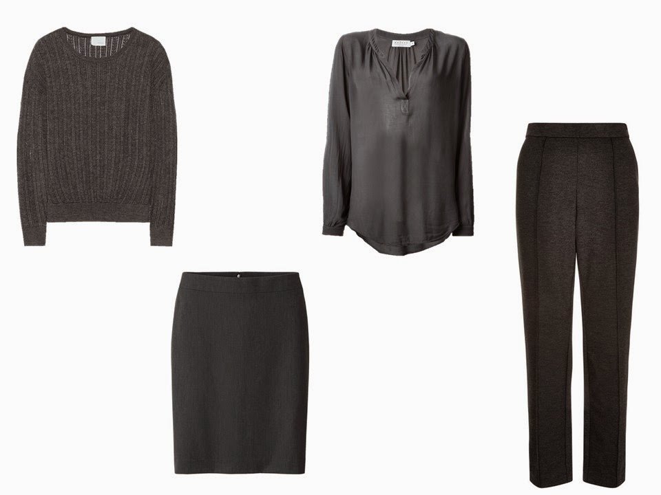 A charcoal grey Core of Four of a sweater, skirt, blouse and trousers