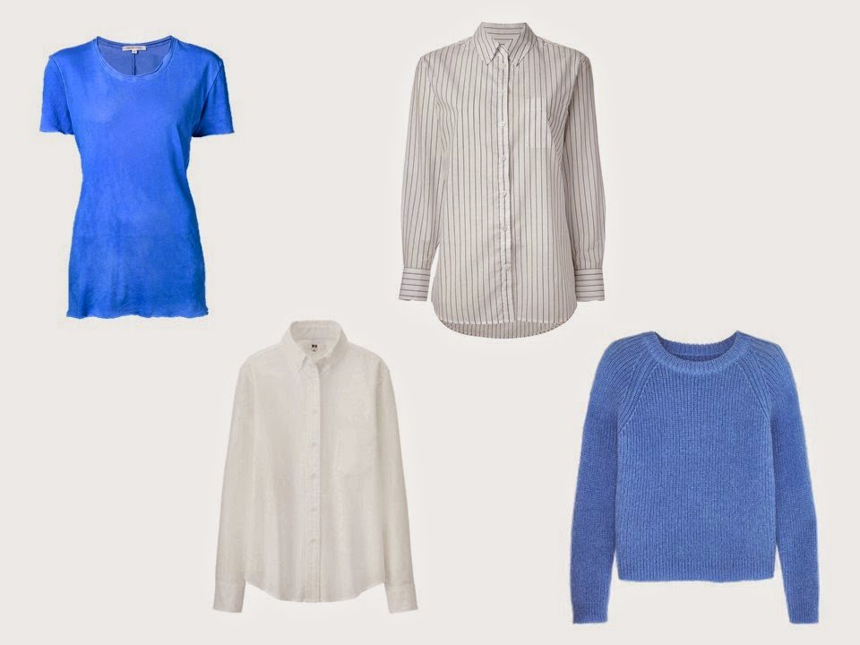 A Mileage Four in blue, grey and white: a tee shirt, white shirt, striped shirt, and blue sweater