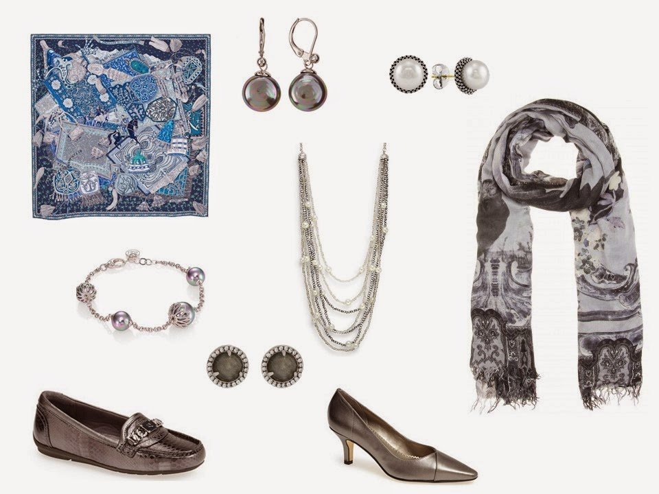 Accessories for a black, grey and blue wardrobe: shoes, jewelry and scarves