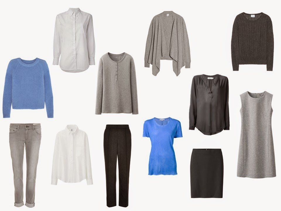 12-Piece Whatever's Clean" travel capsule wardrobe in grey, blue and white