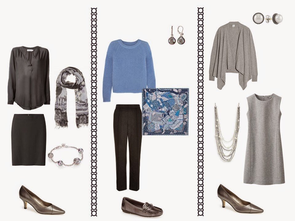 3 outfits from a 12-Piece "Whatever's Clean" wardrobe in grey, blue and white