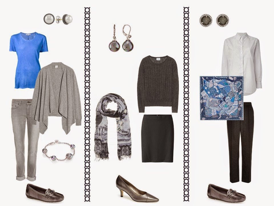 3 outfits from a 12-Piece "Whatever's Clean" wardrobe in grey, blue and white