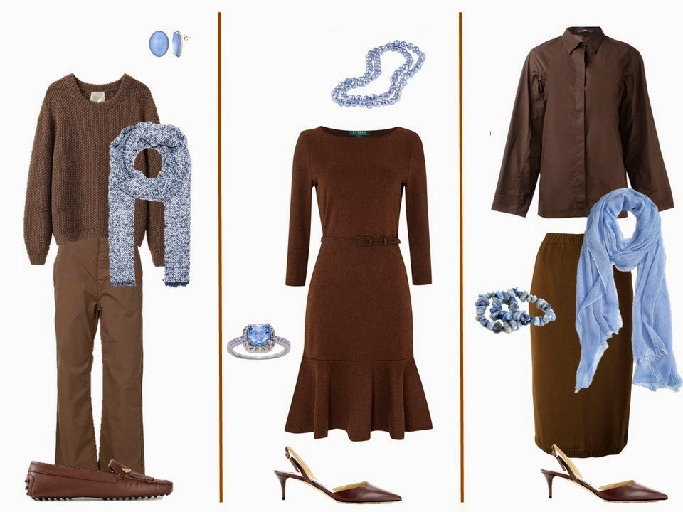 Three brown "Monday Morning Wardrobe" outfits with light blue accessories