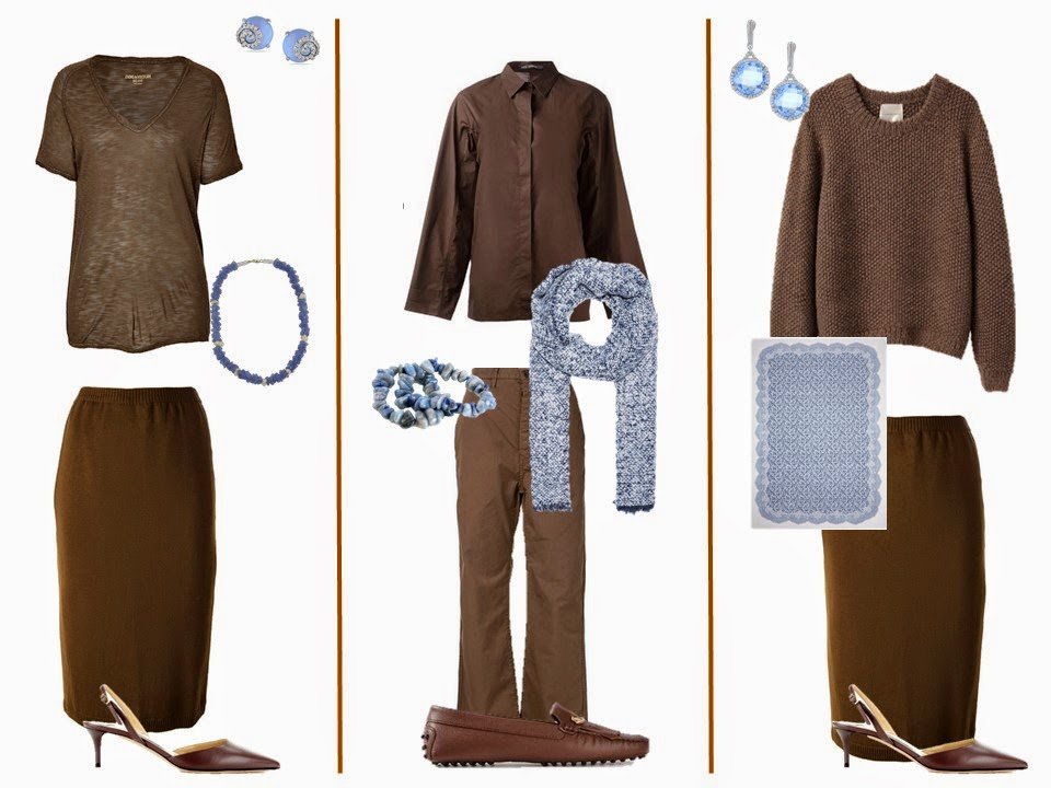 Three brown "Monday Morning Wardrobe" outfits with light blue accessories