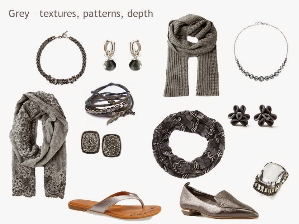 a silver and grey "family" of accessories, including jewelry, scarves and shoes