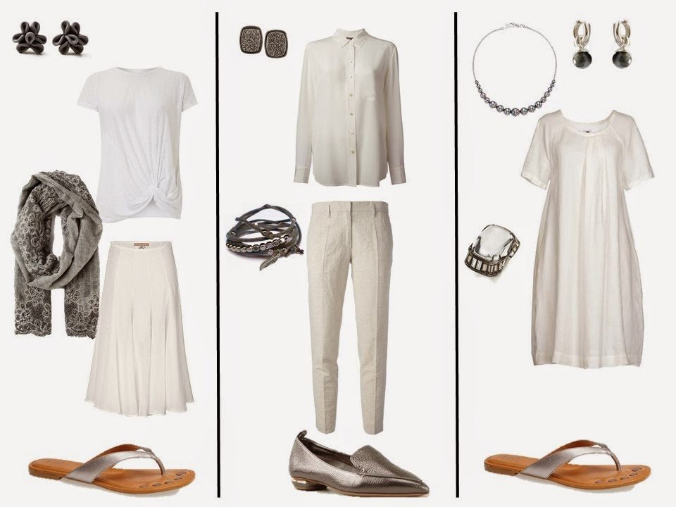 three outfits from a white "Monday Morning Wardrobe" and silver grey accessories