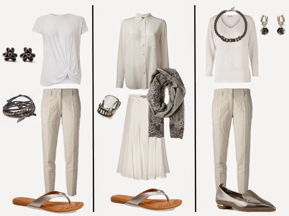 three outfits from a white "Monday Morning Wardrobe" and silver grey accessories