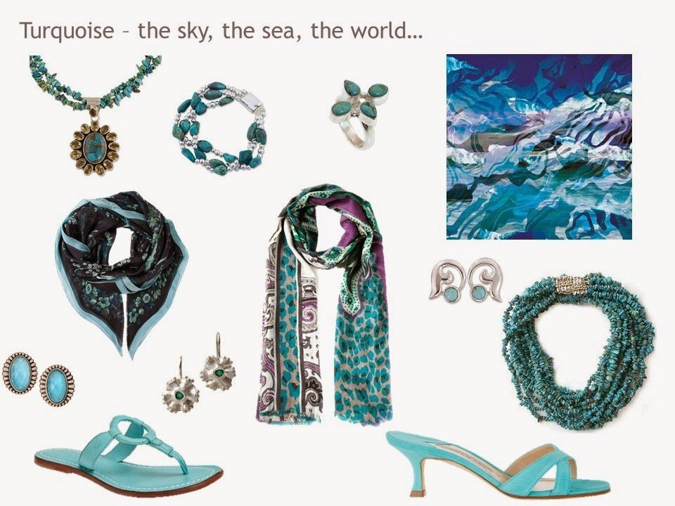 a "family"of accessories in turquoise blue, including jewelry, scarves and shoes