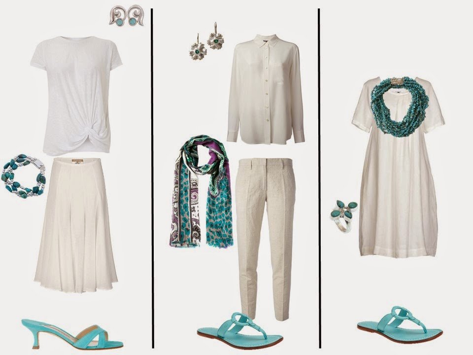 three outfits from a white "Monday Morning Wardrobe" with turquoise blue accessories