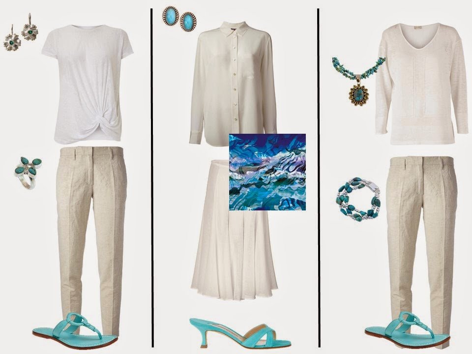 three outfits from a white "Monday Morning Wardrobe" with turquoise blue accessories