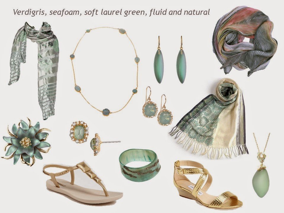 a"family" of soft green accessories, including scarves and jewelry, with gold sandals