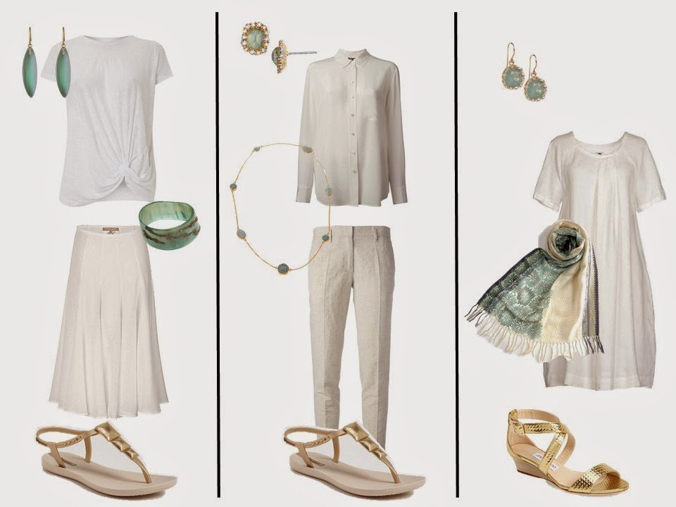 three outfits from a white "Monday Morning Wardrobe" including soft green accessories and gold footwear