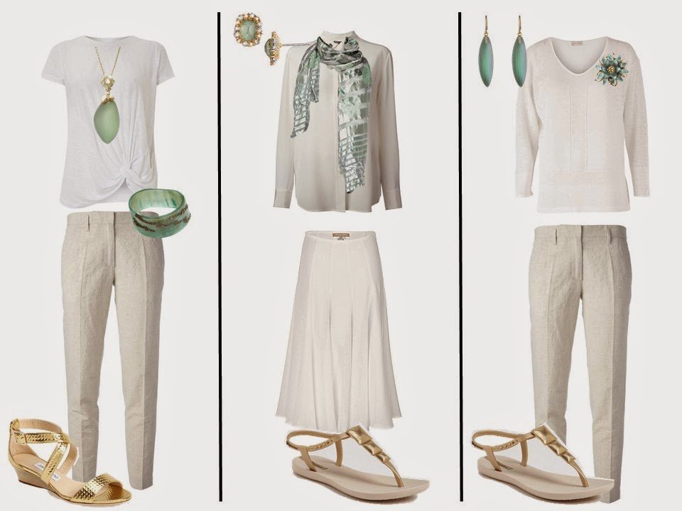 three outfits from a white "Monday Morning Wardrobe" including soft green accessories and gold footwear