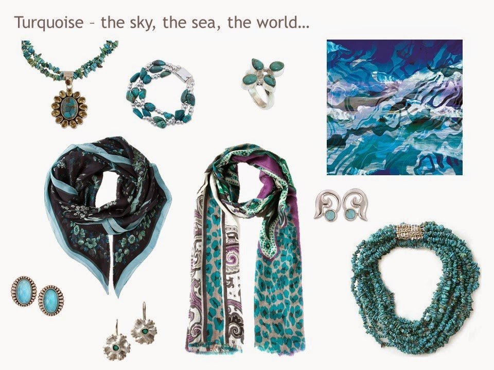 An assortment of turquoise-colored accessories, including jewelry and scarves