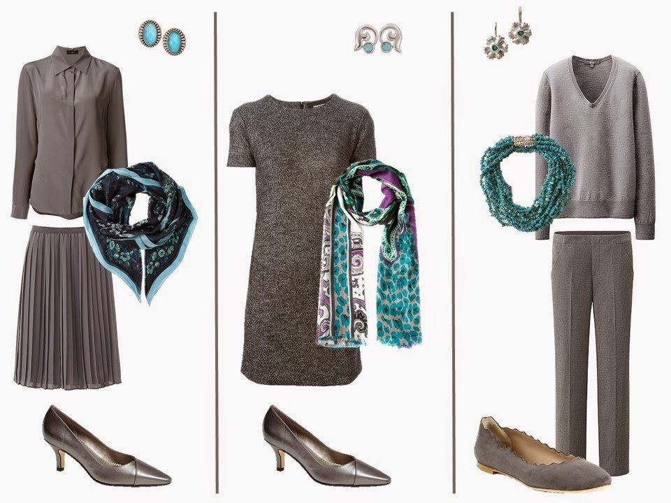 Three grey outfits with turquoise accessories