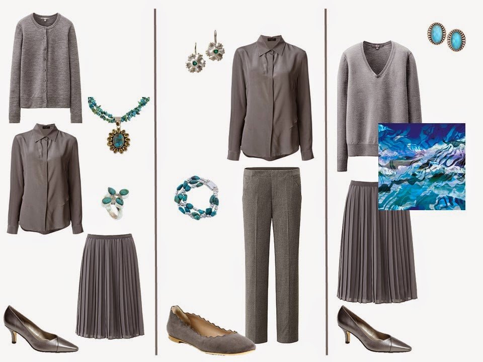 Three grey outfits with turquoise accessories