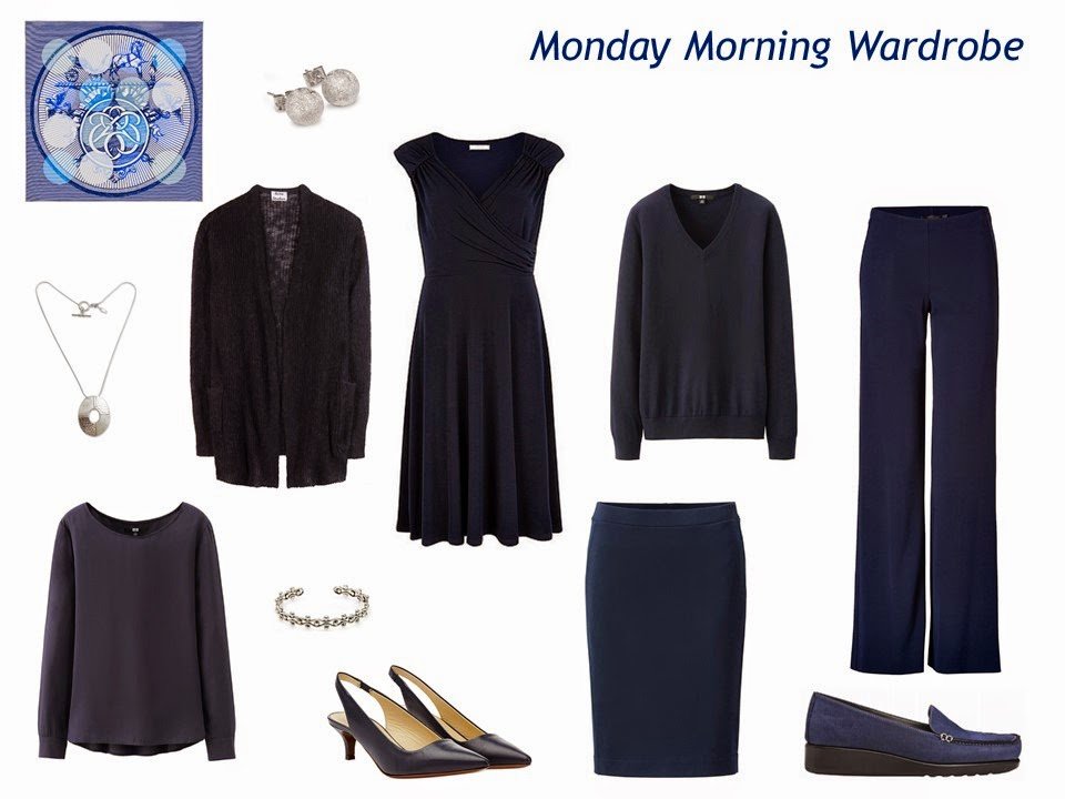 a six-piece "Monday Morning Wardrobe" in navy, with accessories