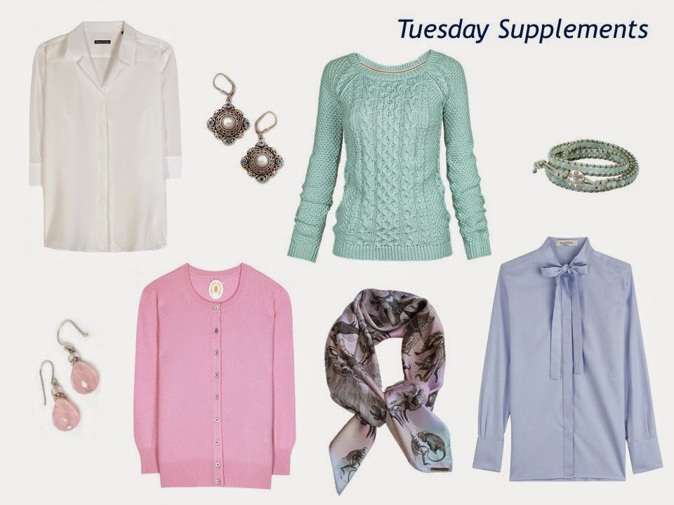 four pastel tops, with accessories, to wear with a navy six-piece "Monday Morning Wardrobe"