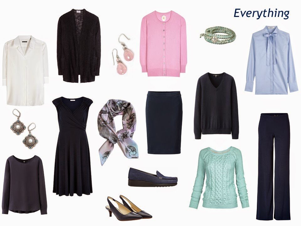 10-piece navy and pastel wardrobe including a navy "Monday Morning Wardrobe"