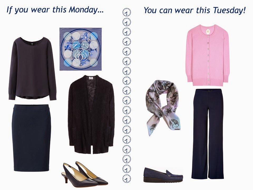 two outfits in navy and pastels, taken from a navy "Monday Morning Wardrobe" and pastel additions