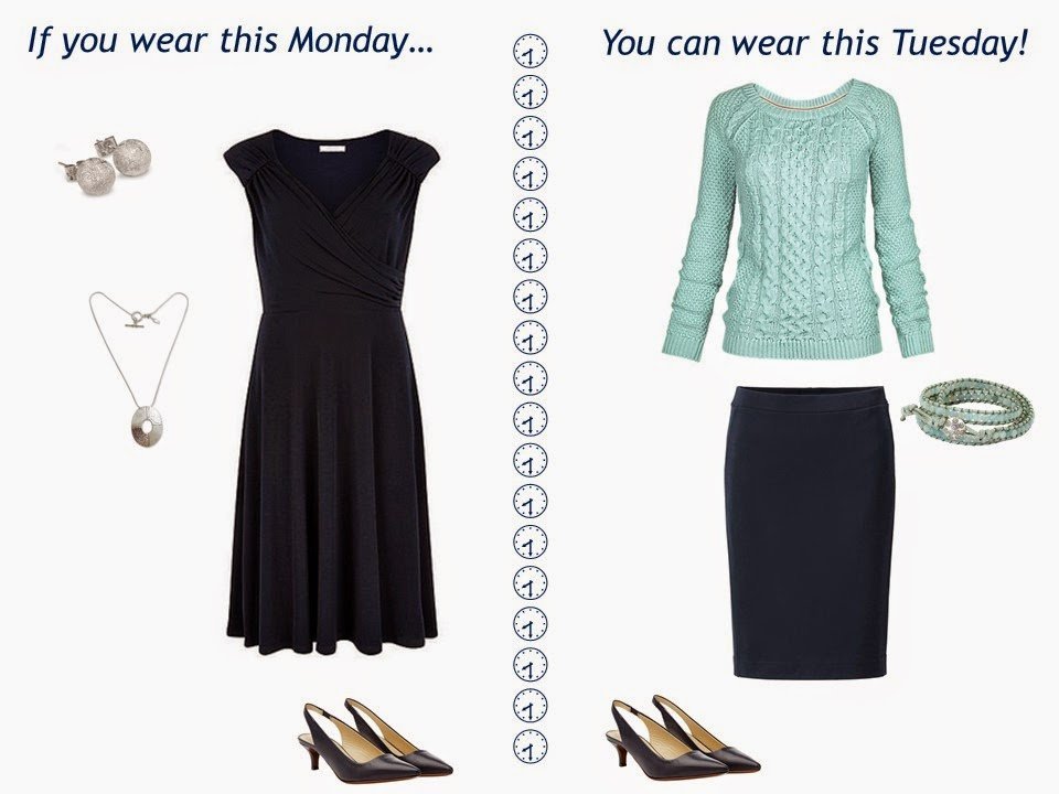 two outfits in navy and pastels, taken from a navy "Monday Morning Wardrobe" and pastel additions