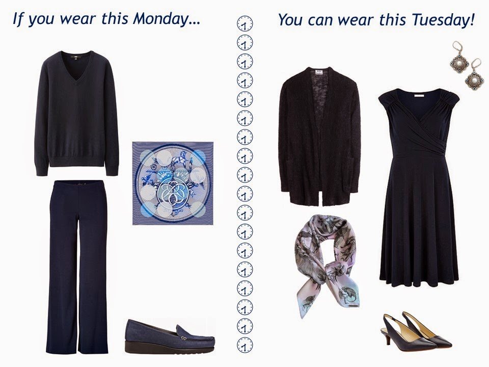 two outfits in navy and pastels, taken from a navy "Monday Morning Wardrobe" and pastel additions