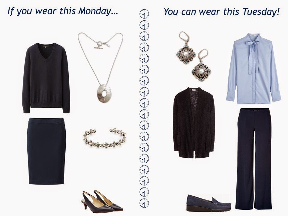 two outfits in navy and pastels, taken from a navy "Monday Morning Wardrobe" and pastel additions