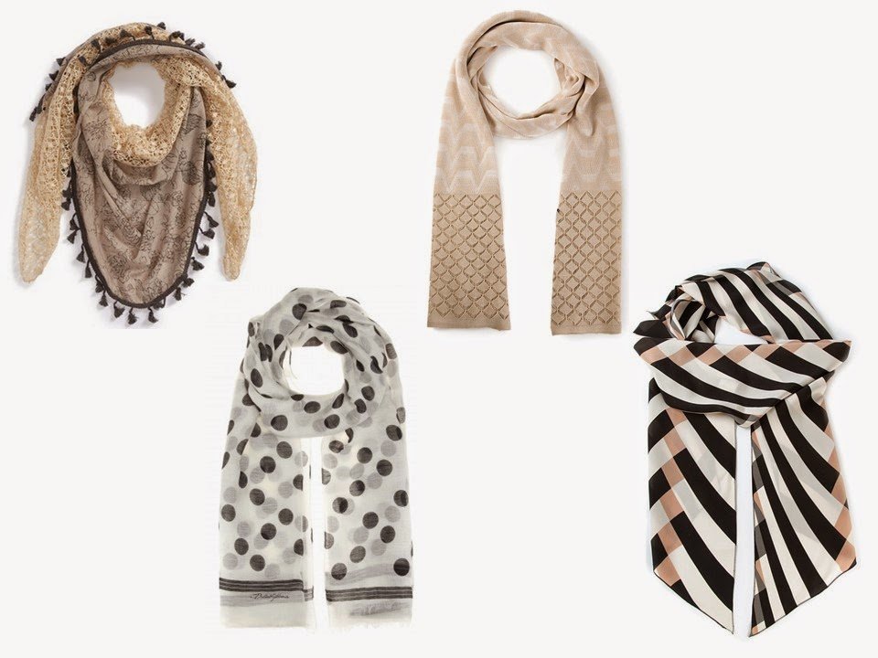 4 patterned scarves, in black, beige and white