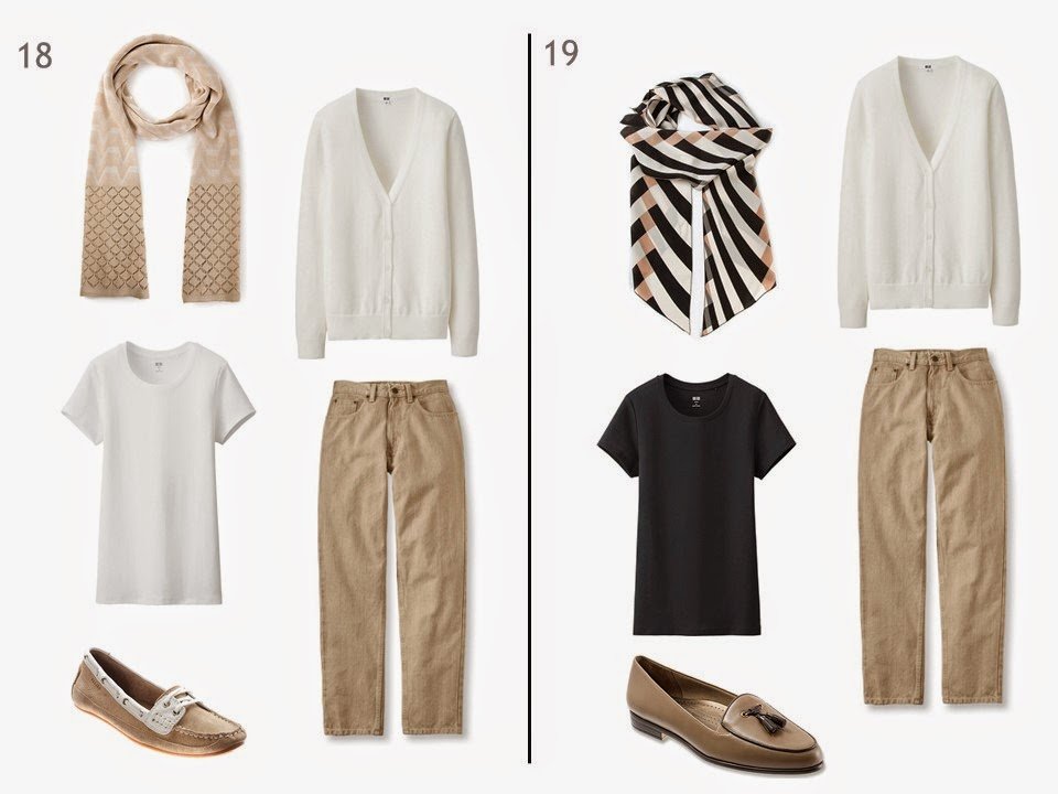 2 outfits, each with beige jeans and a white cardigan, one with a white tee shirt, one with a black tee shirt, each with a patterned scarf and two-toned shoes