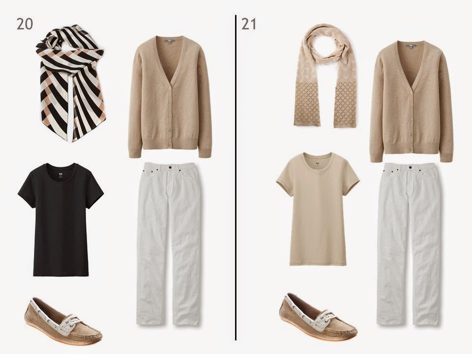 two outfits of a beige cardigan and white jeans, one with a black tee shirt and one with a beige tee shirt, each with a patterned scarf and beige and white boat shoes