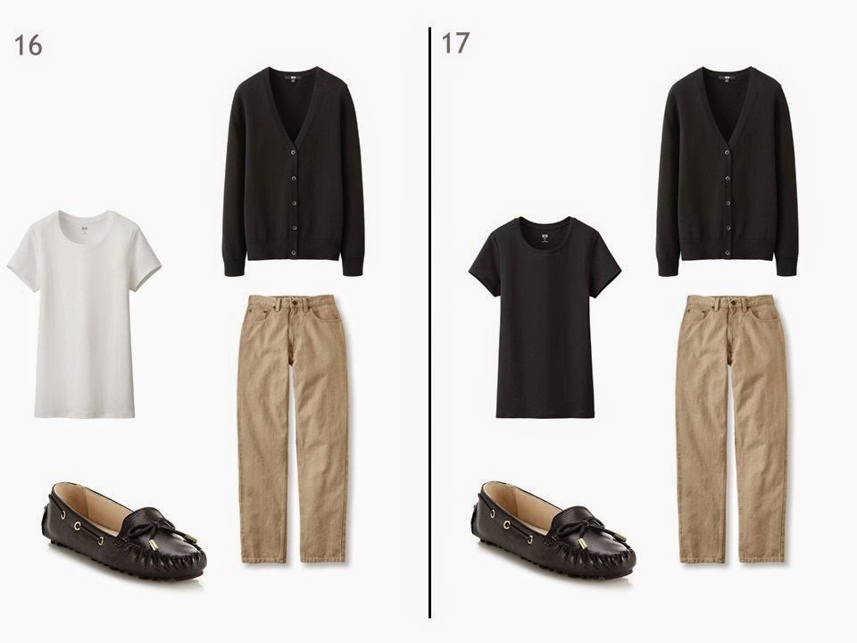 beige jeans and a black cardigan with either a black or white tee shirt and driving moccasions beige jeans and a black cardigan with either a black or white tee shirt and driving moccasions