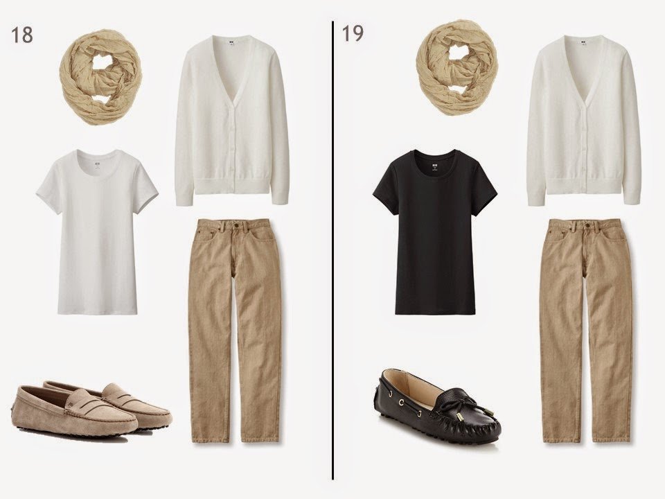 beige jeans and a white cardigan with either a white or black tee shirt and driving moccasions beige jeans and a white cardigan with either a white or black tee shirt and driving moccasions