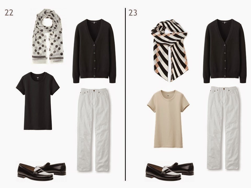 2 outfits of a black cardigan and white jeans, one with a black tee and one with a beige tee, each with a patterned scarf, and both with black and white penny loafers